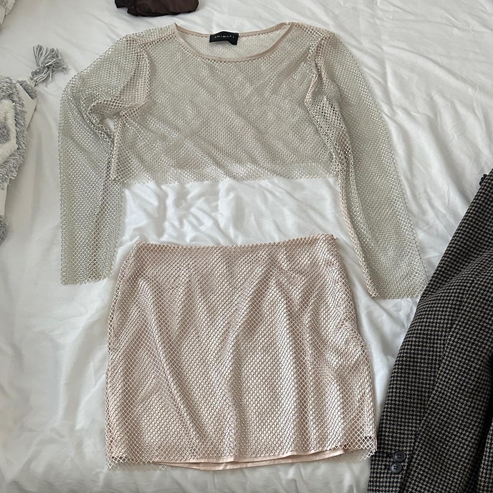Sequin mesh mini skirt set